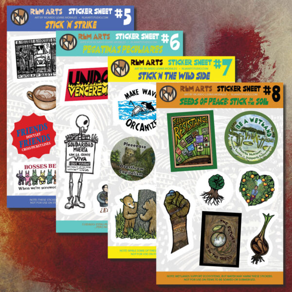 Sticker sheets from Ricardo Levins Morales Art Studio